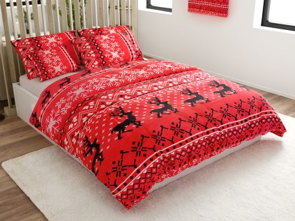 Povlečení z mikroplyše BLACK DEERS červené s motivem sobů
