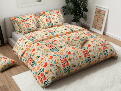 Barevné bavlněné povlečení RETRO BIRD s retro ptáčky a květy
