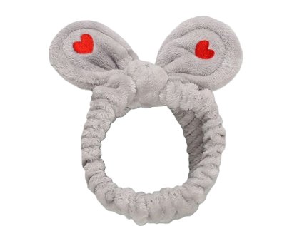 Kosmetická čelenka BUNNY HEART, šedá, jemný plyš, elastický pásek, ideální na aplikaci kosmetiky a make-upu.