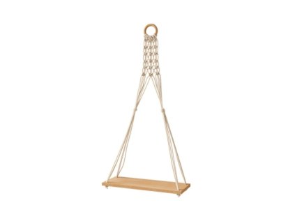 Nástěnná police MACRAME 30x59,5 cm s dřevěnou deskou a béžovým makramé, ideální na dekorace, květiny i drobnosti.
