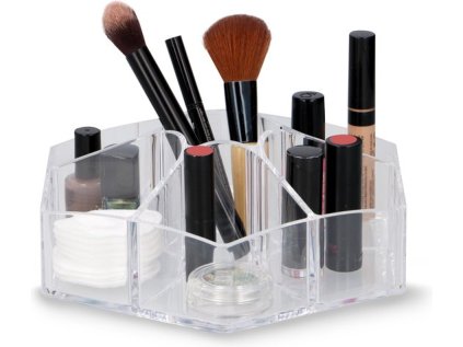 Transparentní organizér na kosmetiku DELUXA ø 23 cm – 7 přihrádek, pyramidový design, ideální pro make-up a kosmetické pomůcky.