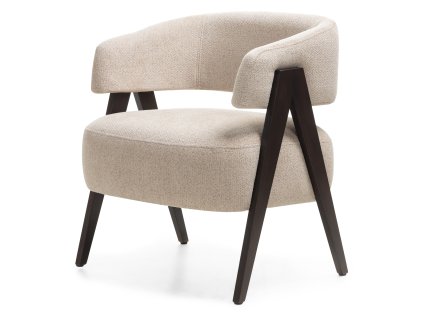 Elegantní béžové křeslo MIZU s retro nádechem a dřevěnými nohami v odstínu ořechu.