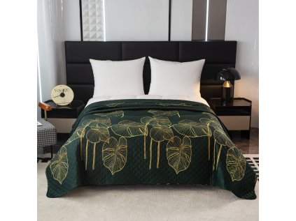 Elegantní přehoz na postel VENECIA tmavě zelený s listovým vzorem