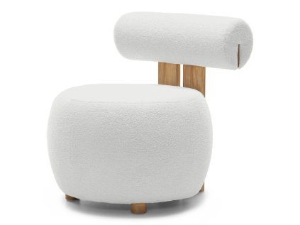 Komfortní designové křeslo do obýváku či ložnice – bílé čalounění, dubová konstrukce.