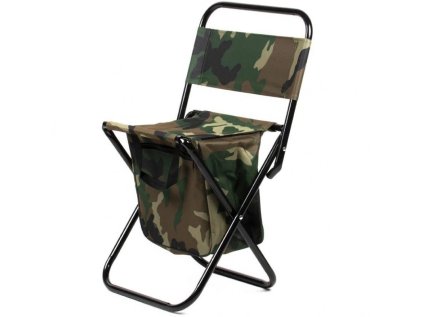 Skládací kempingová židle s úložným prostorem a maskáčovým vzorem – ideální na ryby i kemping