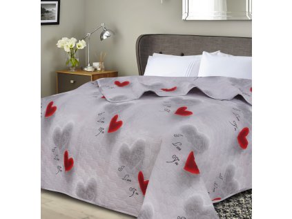 Přehoz na postel HEARTIZIA HEXAGON světle šedý s červenými srdci
