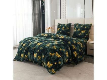 Povlečení mikroplyš YELLOW BUTTERFLY tmavě zelené s motýly