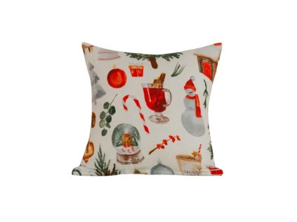 Bílý povlak FESTIVE MAGIC 45x45 cm z mikrovlákna se sněhulákem a ozdobami