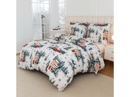 Bílé povlečení z mikrovlákna SNOWY HOUSES s vánočními domečky