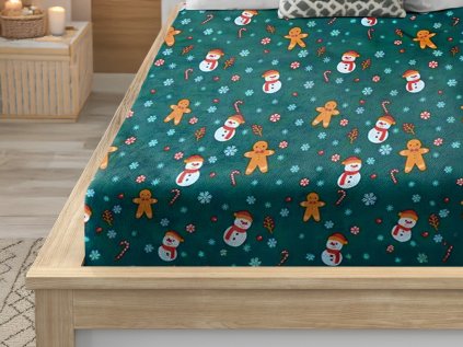 Vánoční mikroplyšové prostěradlo SNĚHULÁK A PERNÍČEK zelené