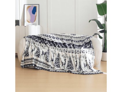 Mikroplyšová deka WINTER DEER šedá s vánočním motivem sobů