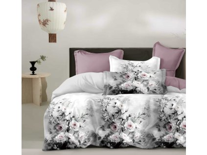 Elegantní bavlněné povlečení SILENT ROSE bílošedé s květy
