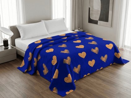 Tmavě modrý přehoz na postel GOLBINO s oranžovými srdíčky
