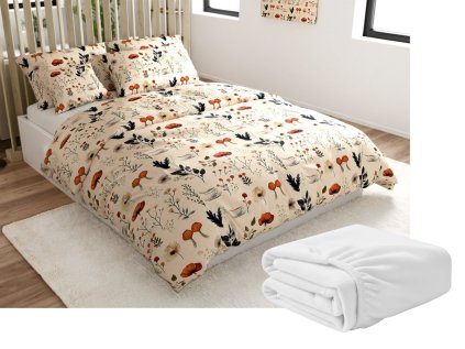 Sada 2ks mikroplyšového povlečení PAPAVA krémové + prostěradlo mikroplyš SOFT 180x200 cm bílé, dvoulůžko