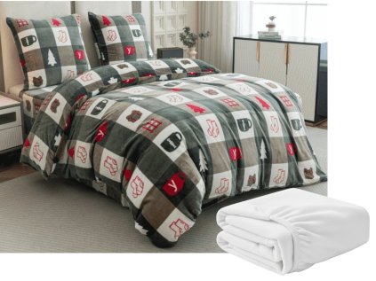 Sada mikroplyšového povlečení CHRISTMAS SOCKS zelené + prostěradlo mikroplyš SOFT 180x200 cm bílé, dvoulůžko