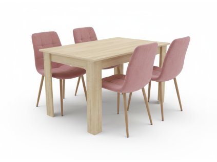 Jídelní stůl UMEKO 120x80 dub sonoma a růžové židle KARA – set 1+4
