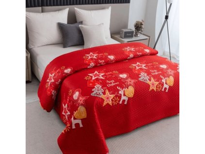 Vánoční přehoz na postel RETRO RENDEER červený s jeleny
