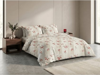 Béžové povlečení z mikrovlákna VIVONNA – jemné proužky a romantické květy