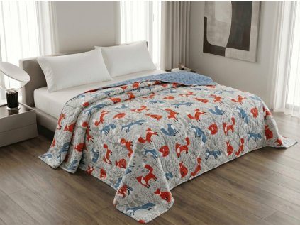 Šedý přehoz na postel FOXIVA s liškami, 100% bavlna