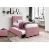 Růžová čalouněná postel RUSSO s přistýlkou 90x200 cm, moderní design a prošívané čelo, ideální pro dětské pokoje.