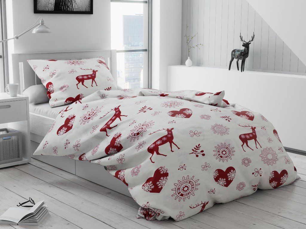 Weihnachts-Bettwäsche aus Baumwolle Herzchen und Rentiere