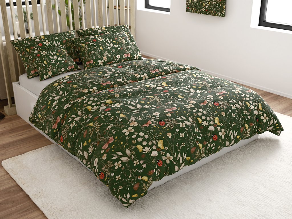 Povlečení z mikrovlákna COLORFUL MEADOW tmavě zelené s květinovým vzorem