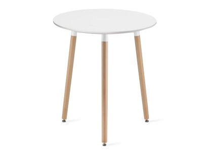 Bílý kulatý jídelní stůl KAMI o průměru 60 cm s přírodními bukovými nohami, výška 74,5 cm, moderní a nadčasový design