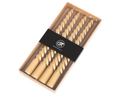 Sada 4 zlatých stolních svíček TWIST. Elegantní dekorace pro slavnostní příležitosti, která dodá vašemu interiéru luxusní vzhled.