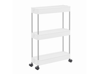 Úzký bílý regál MOBIX na kolečkách se 3 košíky, ideální do malých prostor