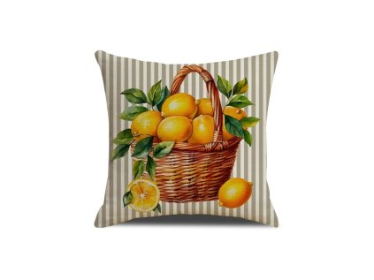 Povlak na polštář LEMON BASKET 45x45 cm, proužky a motiv citronů, zapínání na zip, svěží doplněk pro interiér i terasu.