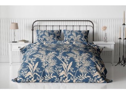 Krepové povlečení SELENTA modré s béžovým botanickým vzorem