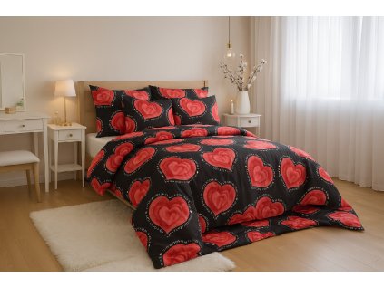 Černé povlečení VALENTINE s červenými srdci z polybavlny