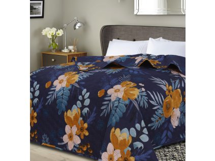 Přehoz na postel FLOWERISH HEXAGON tmavě modrý s květinovým vzorem