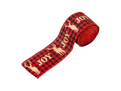 Vánoční stuha JOY 5cm x 5m červená s jelenem a kostkovaným vzorem pro dekorace