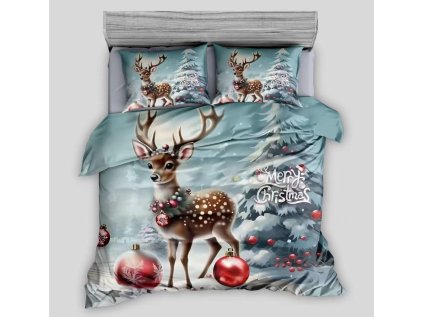 Zimní povlečení DEER WITH DECORATION modré s vánočním motivem jelena