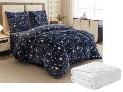 Sada 2ks mikroplyšového povlečení STARLIGHT tmavě modré + prostěradlo mikroplyš SOFT 180x200 cm bílé, dvoulůžko