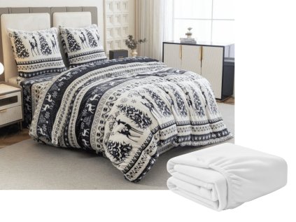 Sada 2ks mikroplyšového povlečení WINTER DEER šedé + prostěradlo mikroplyš SOFT 180x200 cm bílé, dvoulůžko