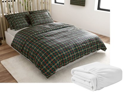 Sada mikroplyšového povlečení GLENMOORE zelené + prostěradlo mikroplyš SOFT 90x200 cm bílé, jednolůžko