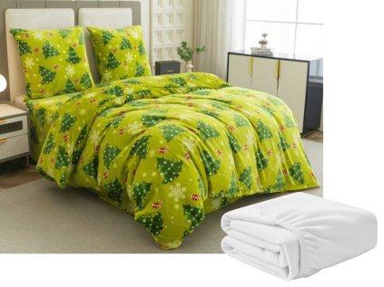 Sada mikroplyšového povlečení CHRISTMAS TREE zelené + prostěradlo mikroplyš SOFT 90x200 cm bílé, jednolůžko