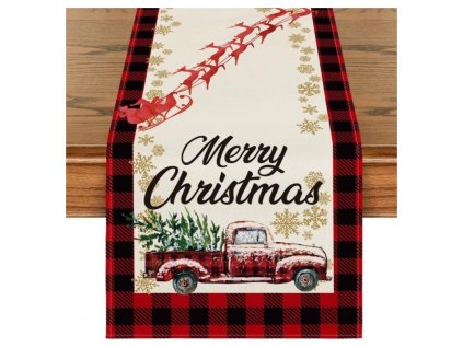 Lněný vánoční běhoun MERRY CHRISTMAS 33x180 cm, červený s motivem auta
