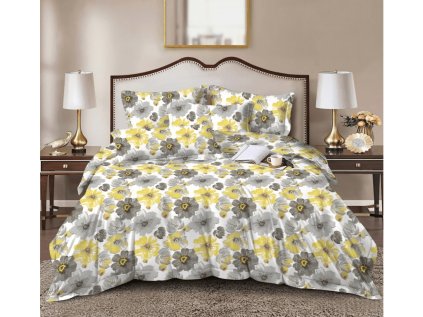 Povlečení z mikrovlákna FEONELLE – svěží květinový design v žluté a šedé