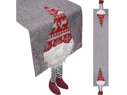 Vánoční běhoun na stůl NORDIC GNOME šedý 34x180 cm s motivem skřítka