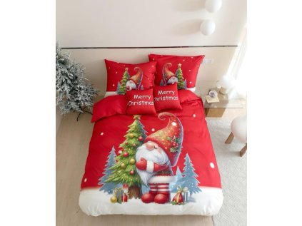 Vánoční červené povlečení GNOME DREAMS s veselým skřítkem