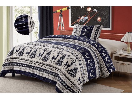 Mikroplyšové povlečení WINTER DEER VELVET modré s vánočním motivem