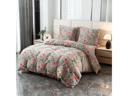 Šedé mikroplyšové povlečení PINK BUTTERFLY s květinami