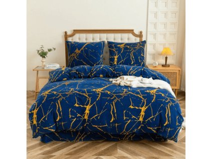 Mikroplyšové povlečení AXIS – modré se zlatým mramorovým vzorem