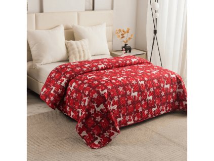 Vánoční přehoz na postel VELVET CHRISTMAS WAVE červený s jeleny