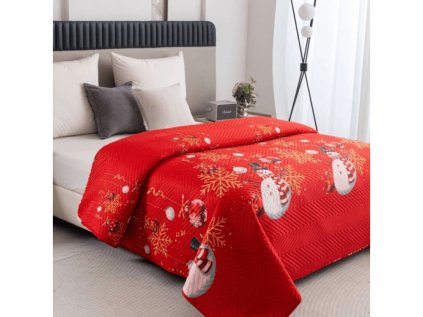 Vánoční přehoz na postel WHITE SNOWMAN červený se sněhuláky
