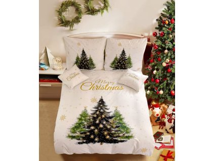 3D bavlněné povlečení MERRY TREES bílé s vánočním motivem
