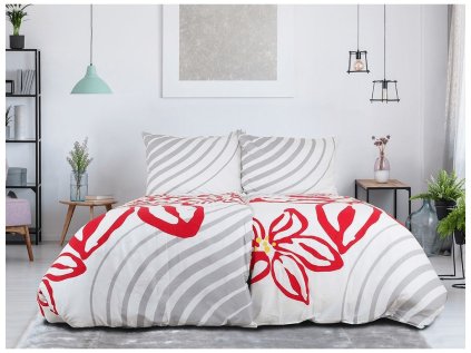 Bavlněné povlečení FLOERIC světle šedé s červenými květy